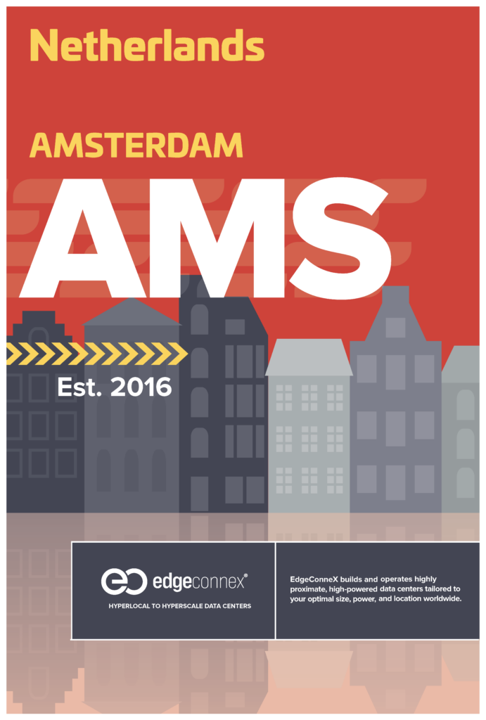 Netherlands Amsterdam AMS sign with buildings, established 2016. EdgeConneX logo with data center information.