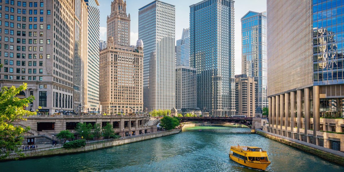 Chicago River Tourboat Downtown Chicago Skyscrapers