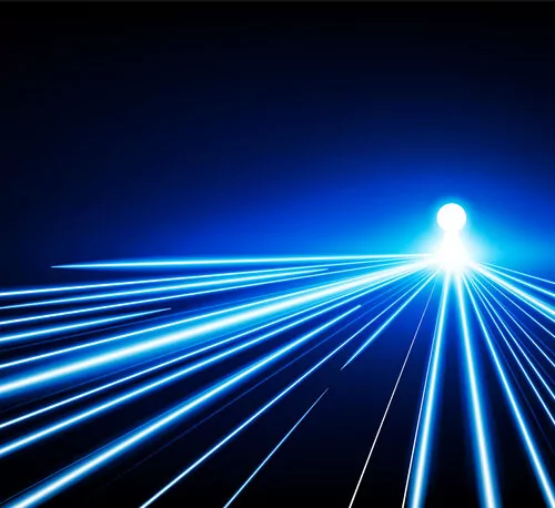 Bright blue light beams converging towards a glowing orb on dark background