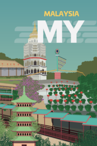 Malaysia poster featuring temple, pagoda, gardens, and "MY" text in foreground.
