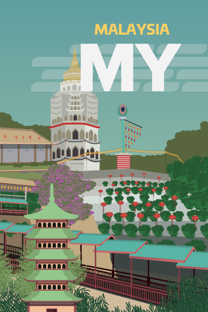 Malaysia poster featuring temple, pagoda, gardens, and 