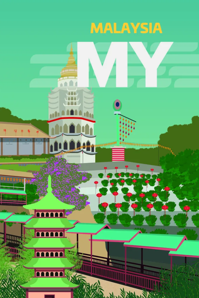 パゴダとマレーシアのイラスト、テキスト 