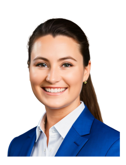 Haley smiling, wearing a blue blazer and white shirt