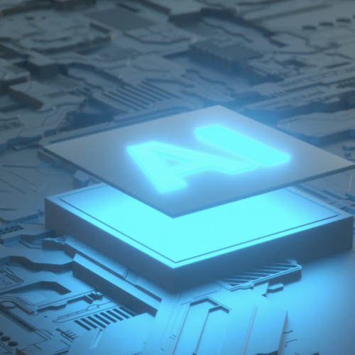 Glowing AI text on a futuristic circuit board