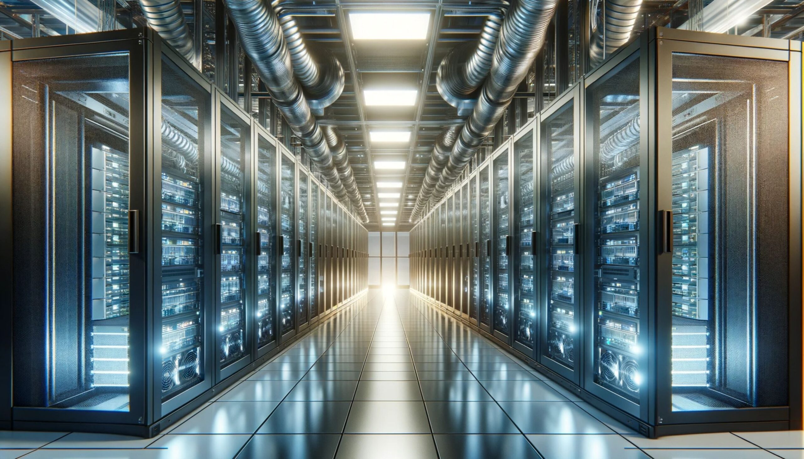 A corridor of server racks in a data center