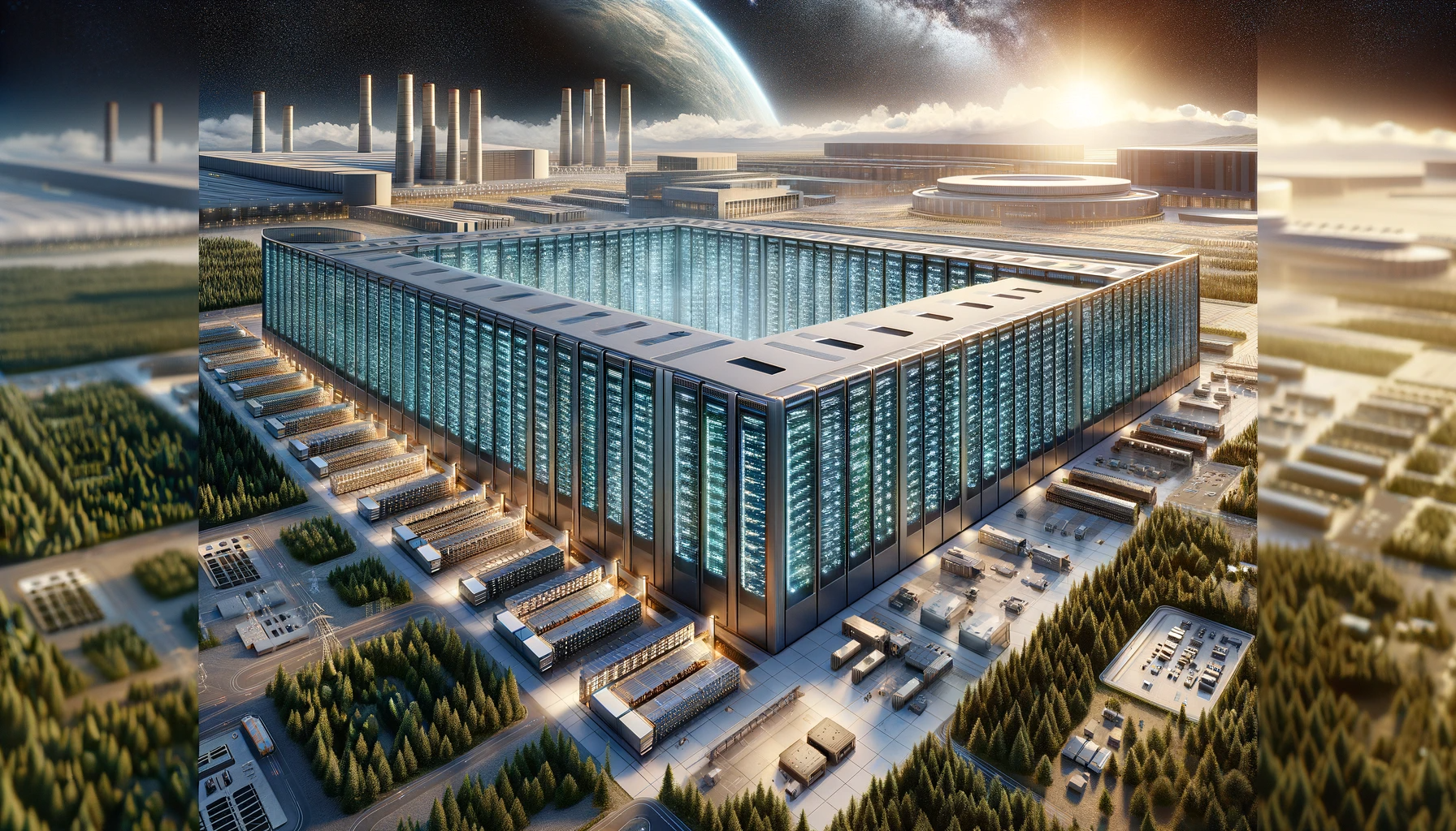 Futuristic data center surrounded by trees, with a sunrise and distant planet.