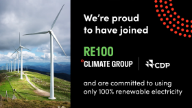 Wind turbines on a hill with text: "We’re proud to have joined RE100 Climate Group CDP and are committed to using only 100% renewable electricity"