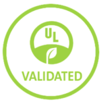 UL logo with green leaf design, encircled text reads "Validated" indicating certification