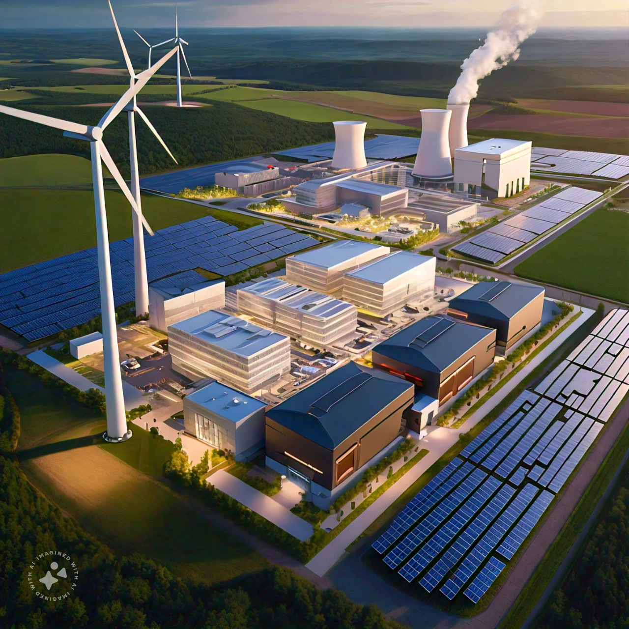 Futuristic energy facility with solar panels and wind turbines