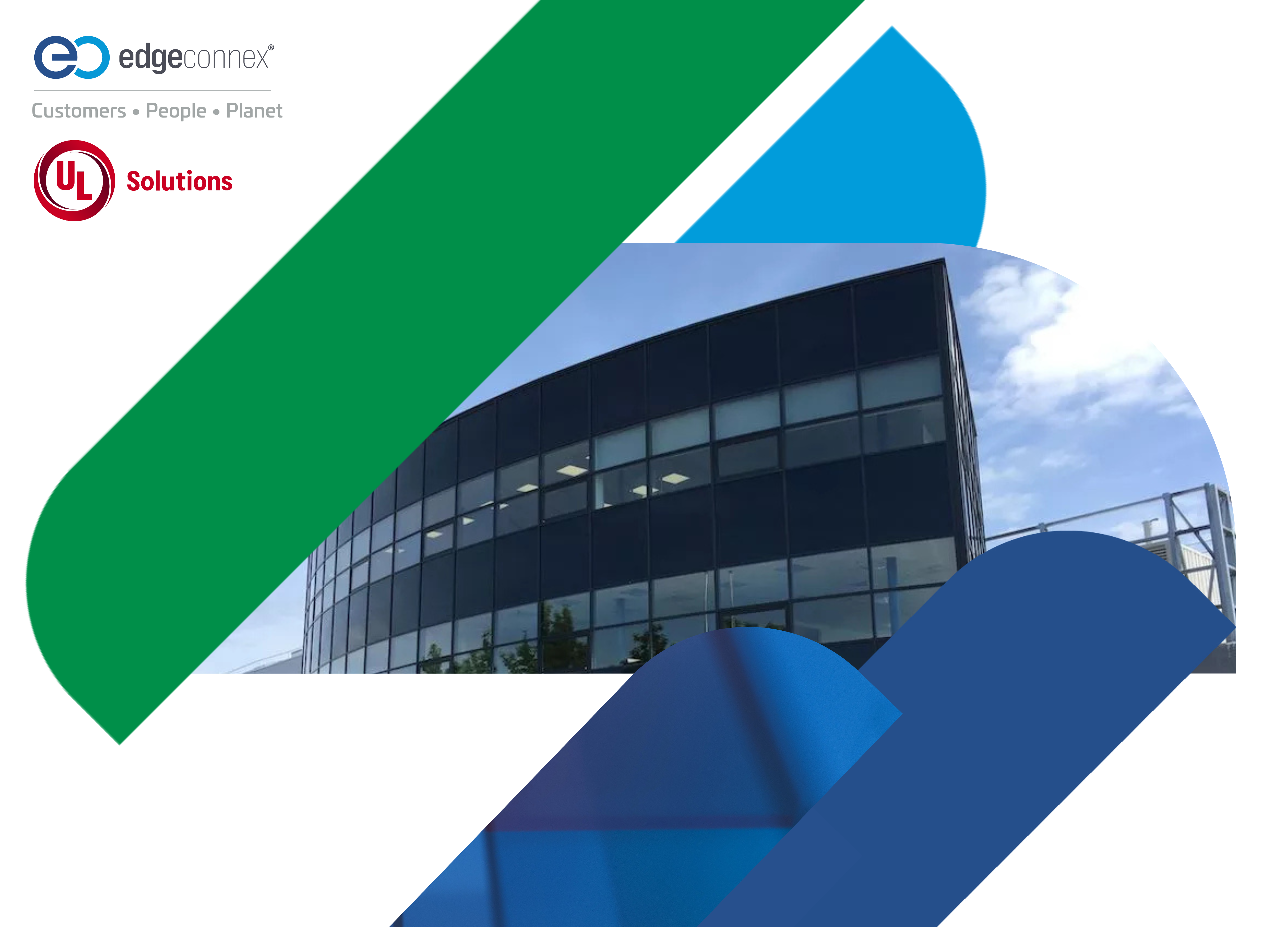 edgeconnex and UL Solutions logos, building with cloudy sky