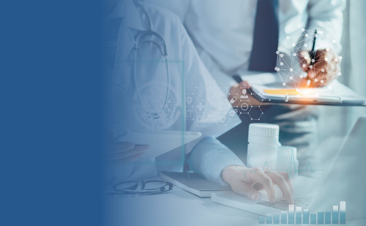 Healthcare professionals with digital tablet and laptop, patient records