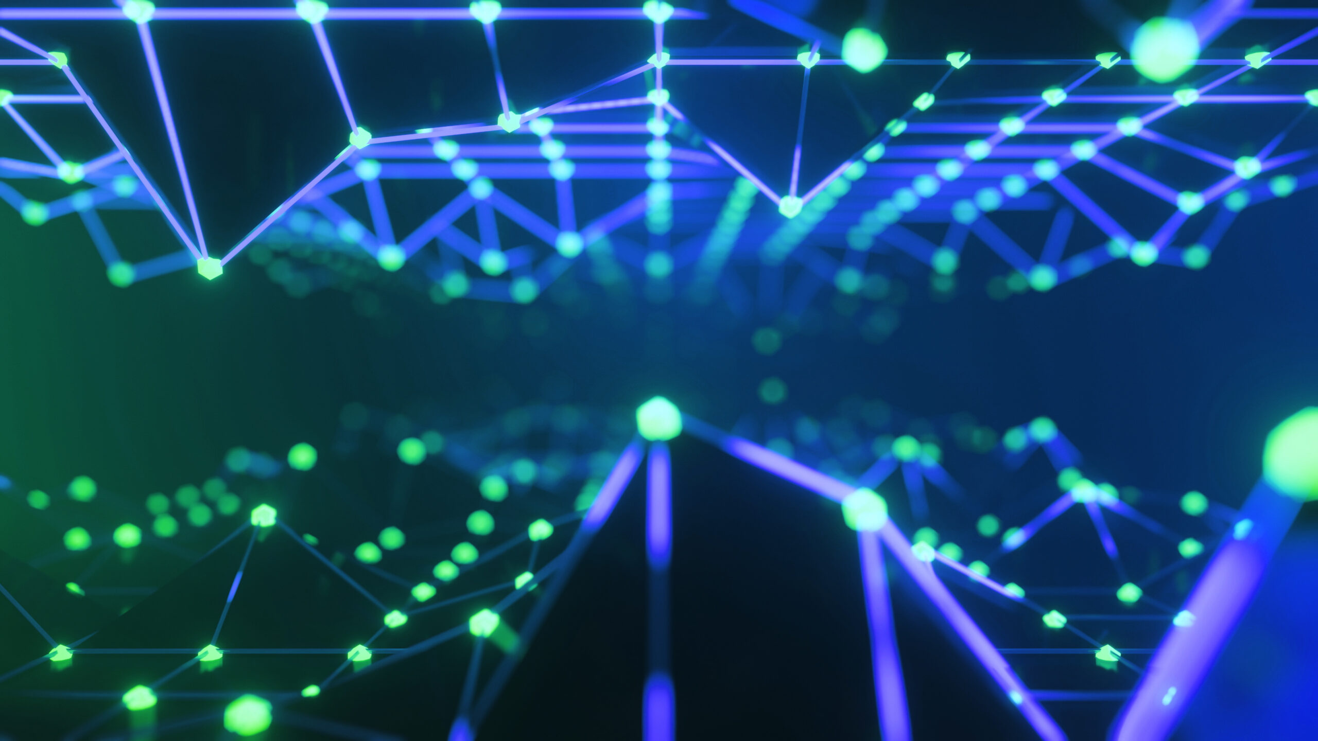 Glowing blue and green neon geometric web with interconnected nodes.