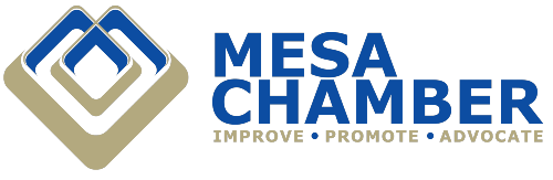 Mesa Chamber logo with blue and tan overlapping squares and text: "IMPROVE • PROMOTE • ADVOCATE"