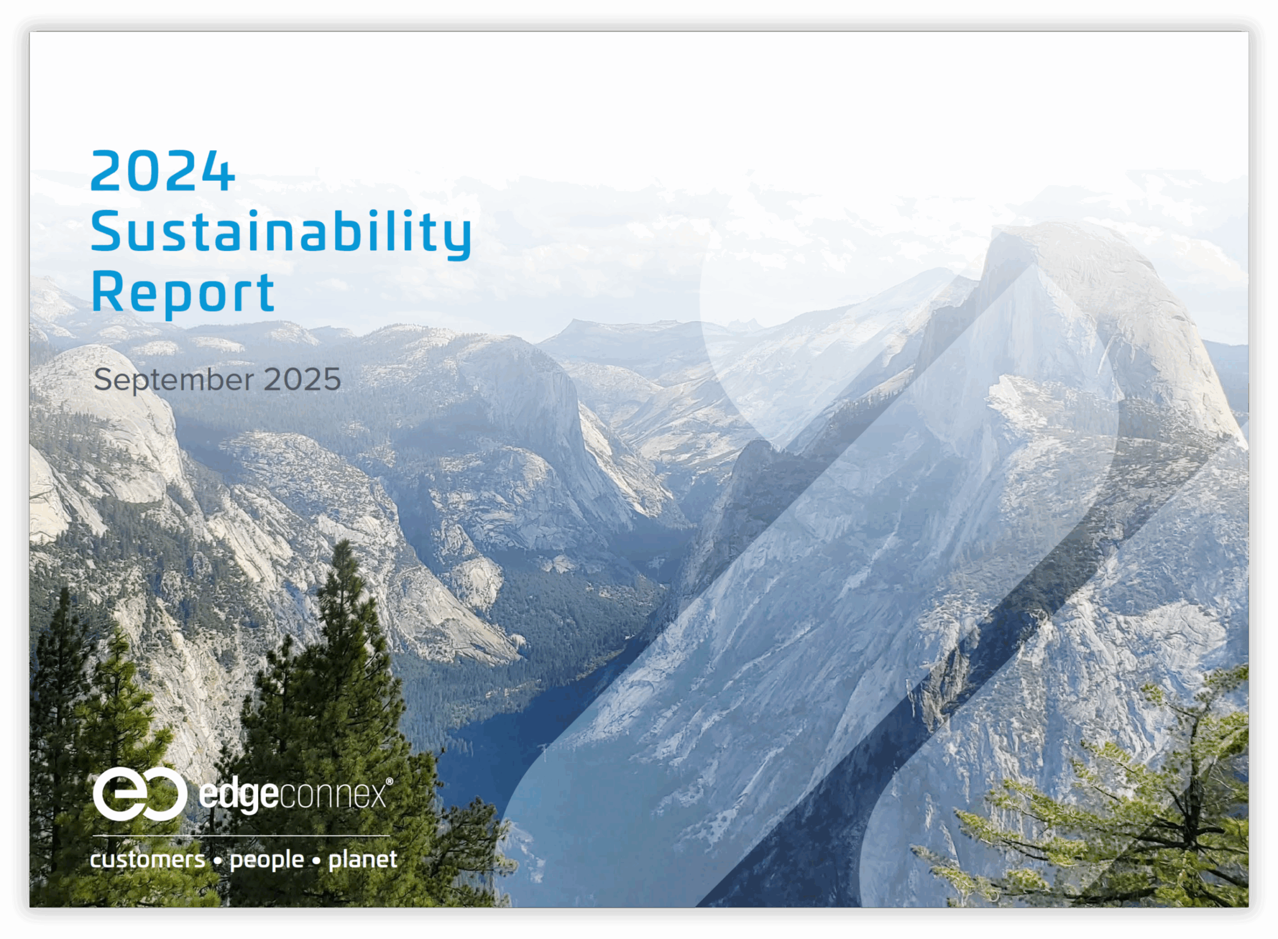 2024 Sustainability Report cover featuring mountains, September 2025, EdgeConneX logo, "customers • people • planet" tagline