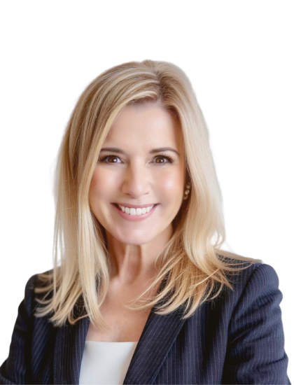 Lynn Smullen smiling, wearing dark pinstripe blazer on white background