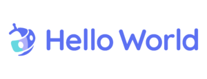 Hello World logo with a blue gradient robot icon