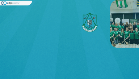 EdgeConneX logo and Lucan Sarsfields GAA logo on blue background with group photo of LucanSarsfield-2 team in uniforms holding hurls