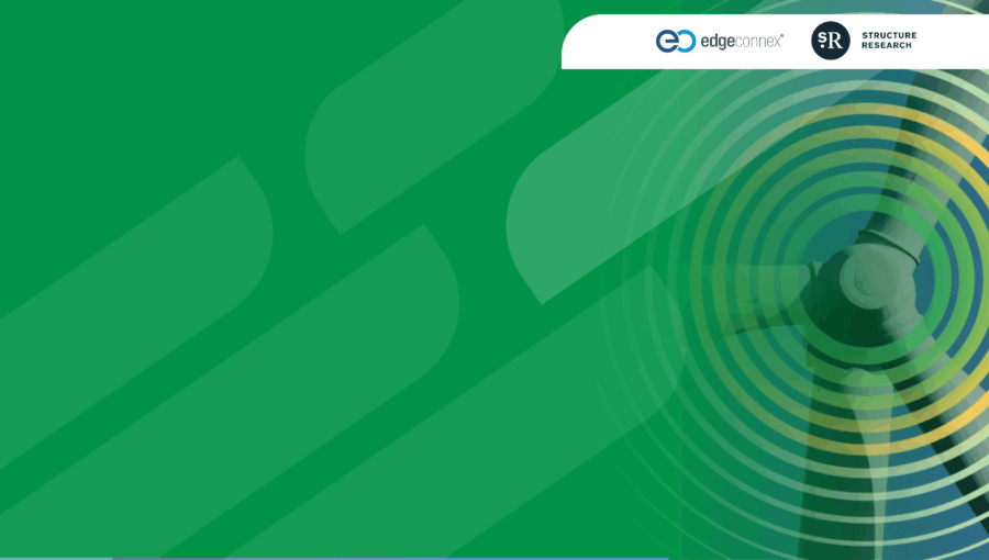 EdgeConneX and Structure Research logos on green abstract background with wind turbine graphic
