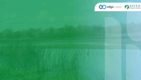 Wetland landscape with logos of EdgeConneX and River Partners in the corner.
