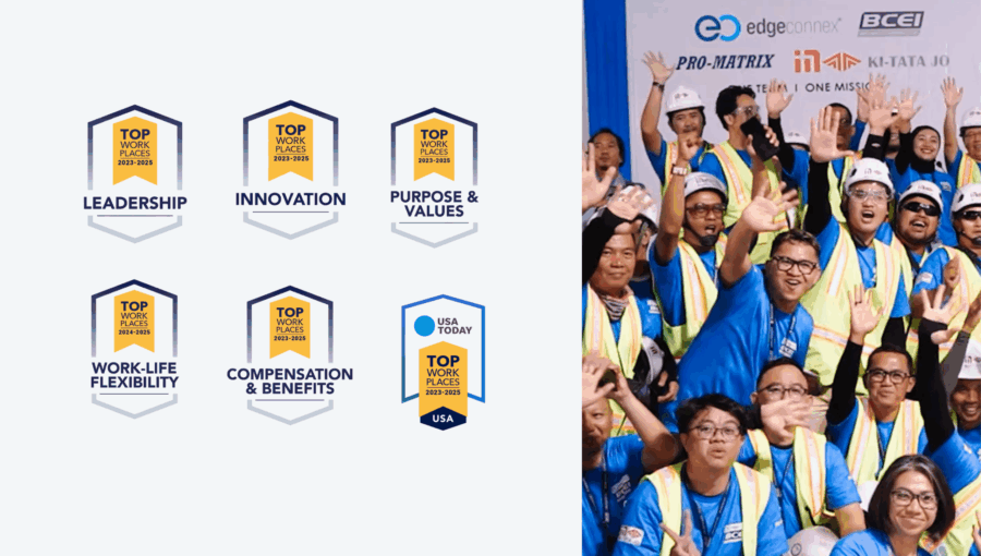 Awards for top workplaces in leadership, innovation, work-life flexibility, and USA Today, with excited employees waving