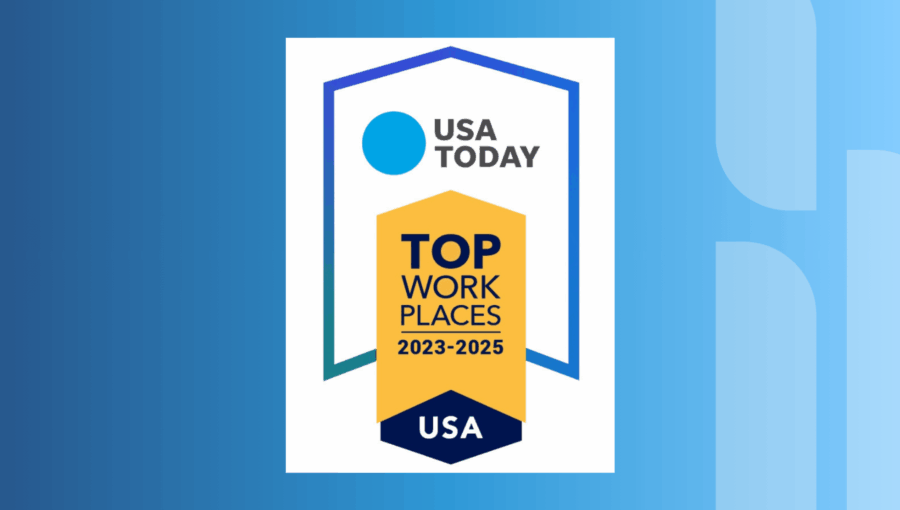 USA TODAY Top Workplaces 2023-2025 banner with yellow and blue design