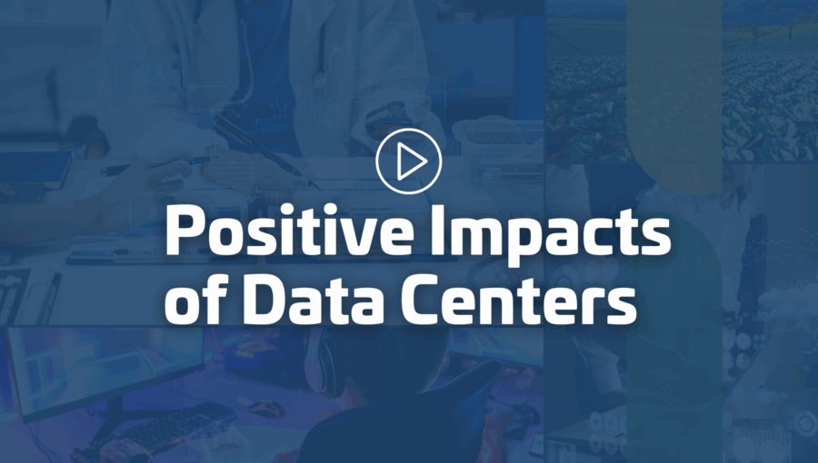 "Positive Impacts of Data Centers" text overlay with play button icon