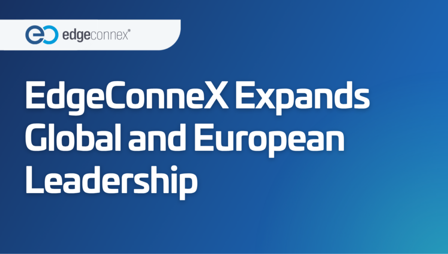EdgeConneX logo on blue background with text: "EdgeConneX Expands Global and European Leadership"