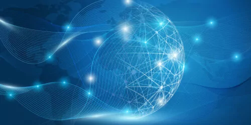 Blue digital globe with interconnected network lines on dark background